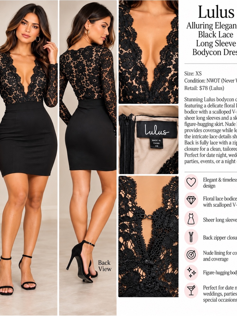 Lulus Alluring Elegance Black Lace Long Sleeve Bodycon Dress XS NWT